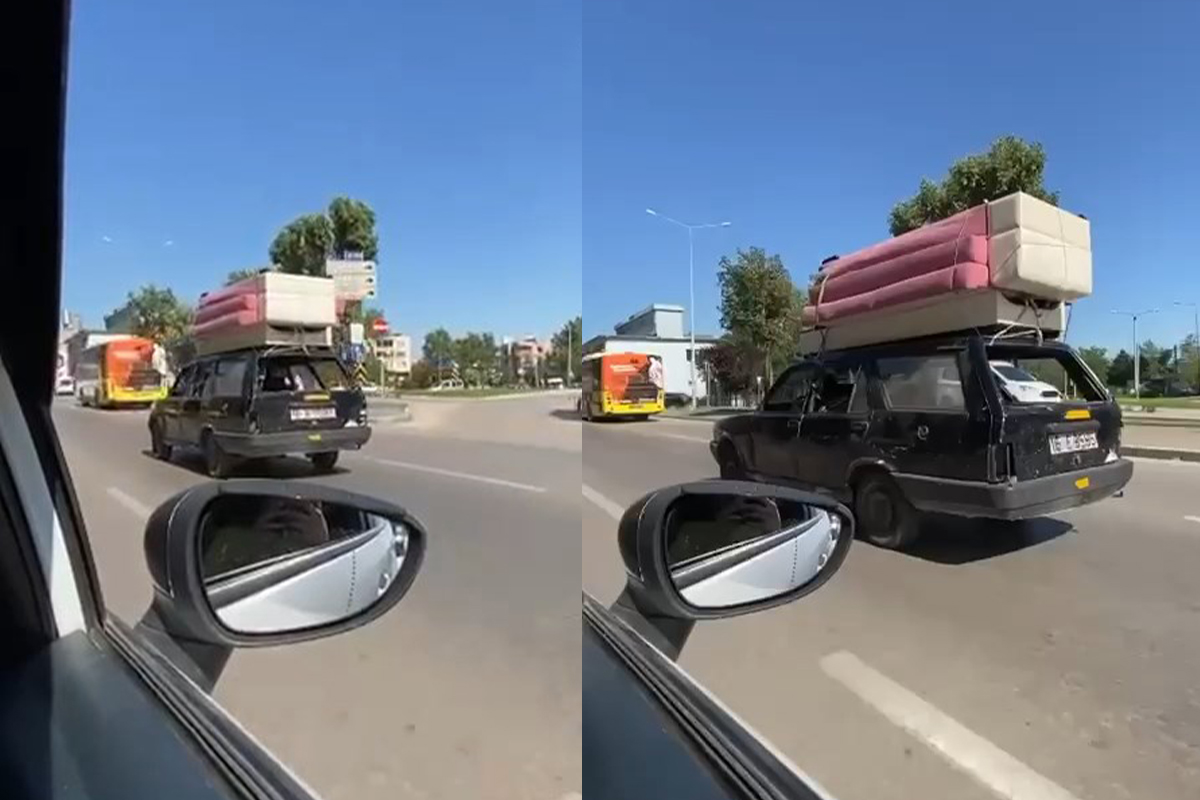 Ehliyetsiz sürücü otomobilin tavanında koltuk taşıdı